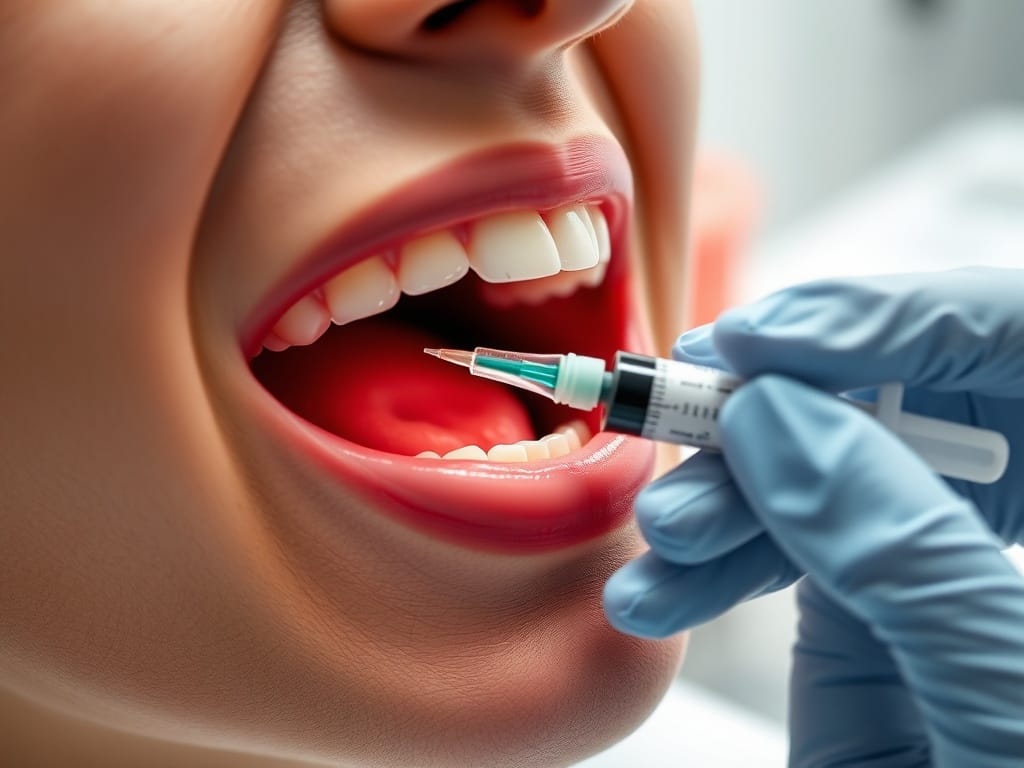 Injection d'anesthésie locale dans la gencive avant la pose d'un implant dentaire au cabinet