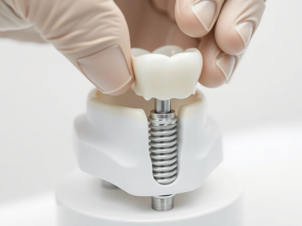 Chirurgien-dentiste posant une couronne céramique sur l'abutment d'un implant dentaire dans la mâchoire