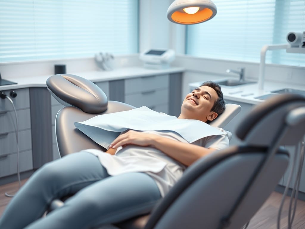 Patient allongé dans le fauteuil dentaire avant la pose d'un implant dentaire sous anesthésie locale