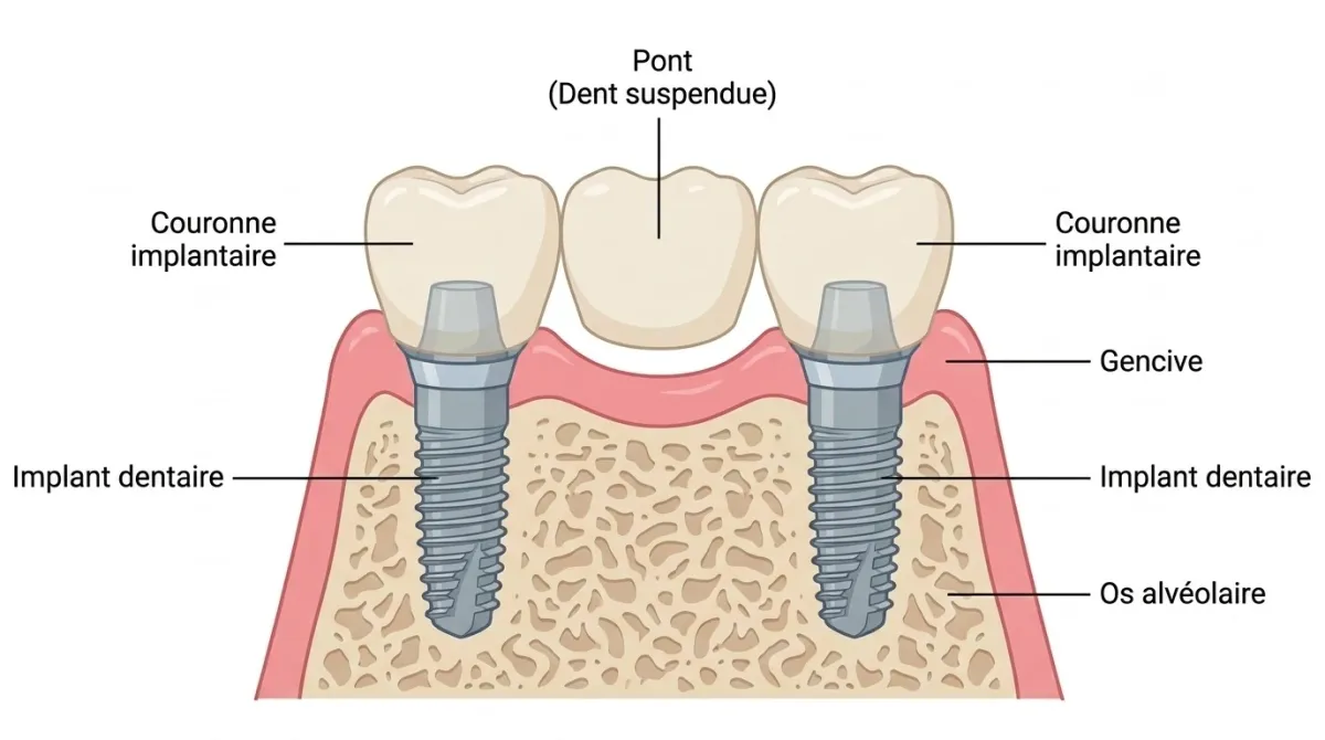 Schéma d'un bridge sur deux implants dentaires avec pont suspendu, gencive et os alvéolaire