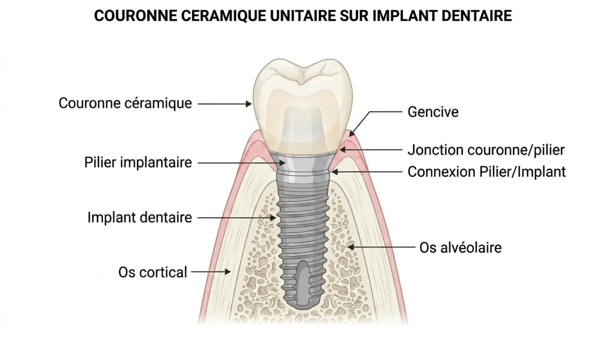 Schéma anatomique d'une couronne céramique unitaire sur implant dentaire avec pilier, gencive et os alvéolaire