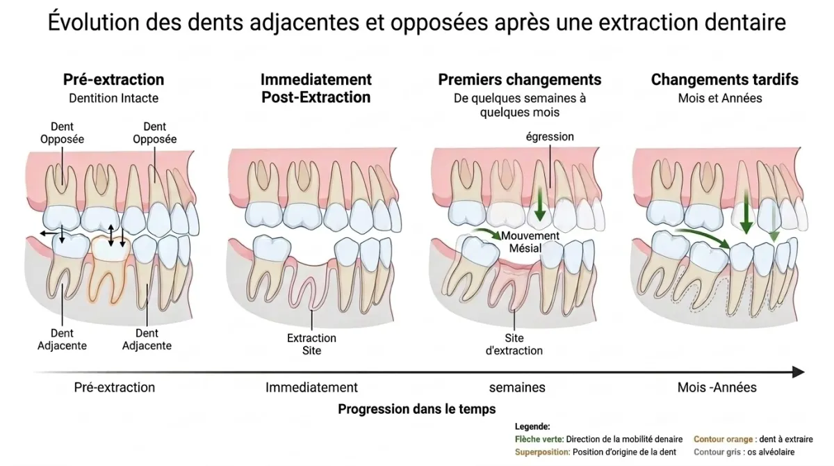 Schéma en quatre étapes montrant l'évolution des dents adjacentes et opposées après une extraction dentaire