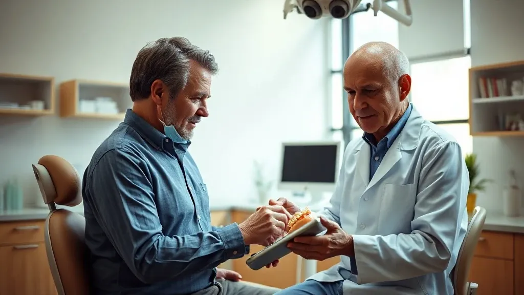 Praticien expliquant la pose d'un implant a un patient attentif a l'aide d'un modele dentaire