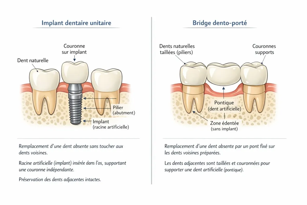 Schéma comparatif d'un implant dentaire avec couronne face à un bridge traditionnel sur dents taillées
