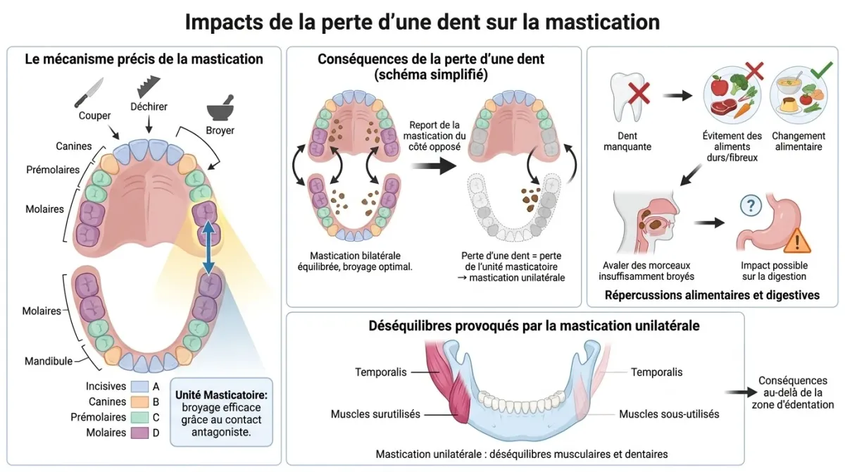 Schéma des impacts de la perte d'une dent sur la mastication : mécanisme, mastication unilatérale et déséquilibres musculaires