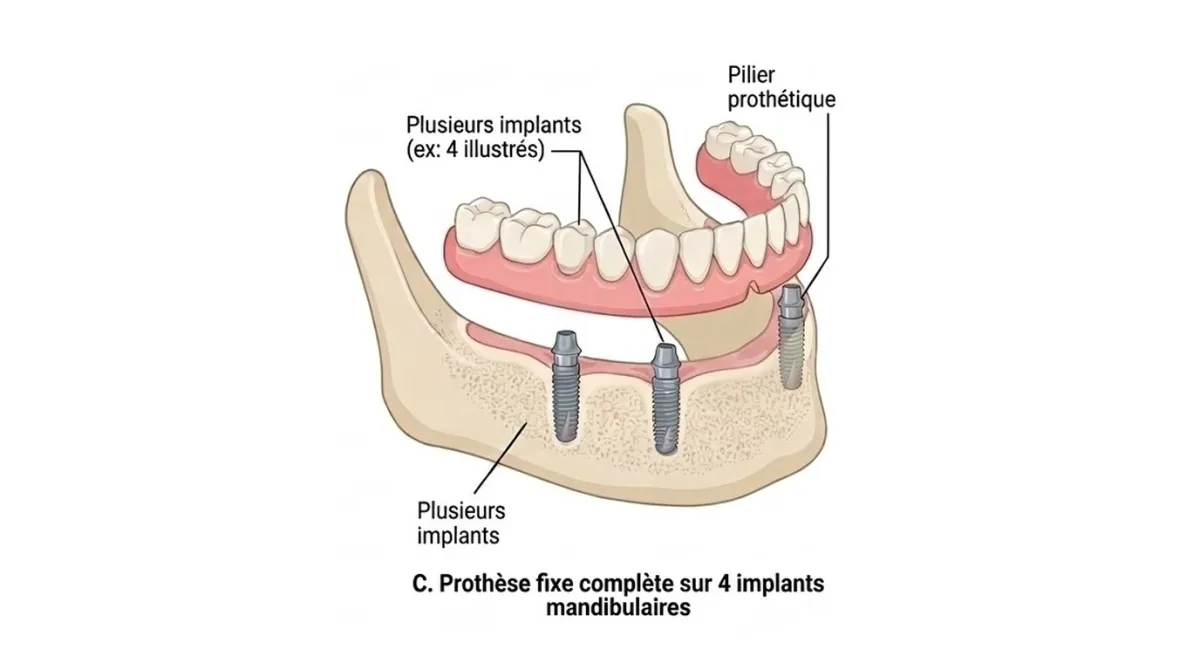 Schéma d'une prothèse complète fixe vissée sur quatre implants dentaires dans la mandibule