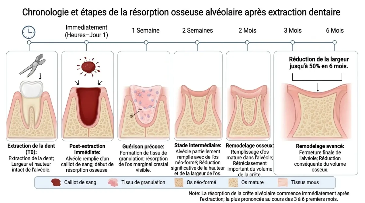Chronologie en sept étapes de la résorption osseuse alvéolaire après une extraction dentaire, de l'extraction à six mois
