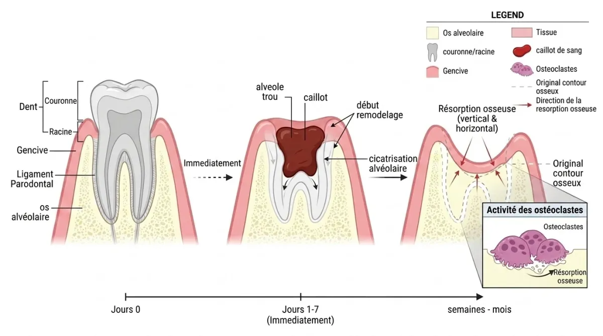 Schéma en trois étapes illustrant la cicatrisation alvéolaire et la résorption osseuse après une extraction dentaire