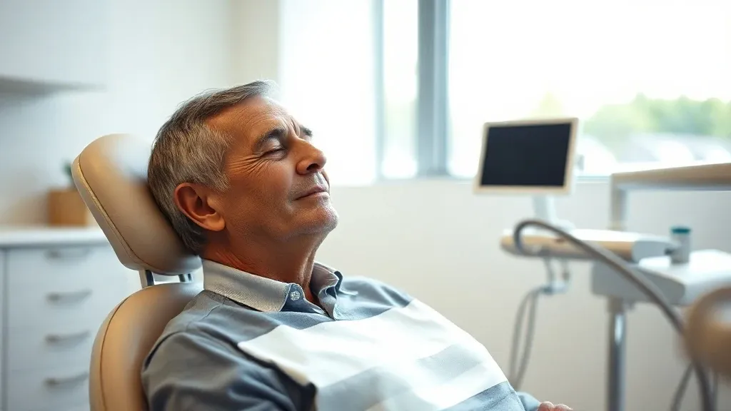 Patient detendu allonge dans un fauteuil dentaire, yeux fermes, dans un cabinet lumineux et apaisant