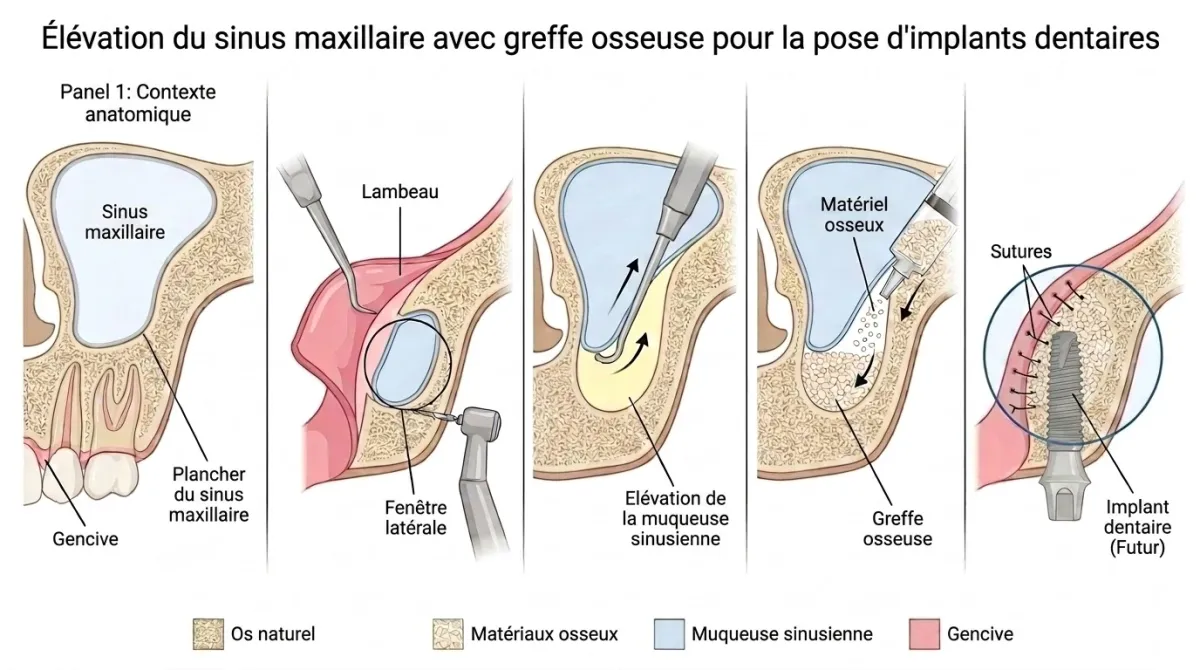 Schéma en cinq étapes d'un sinus lift par voie latérale avec greffe osseuse avant implant