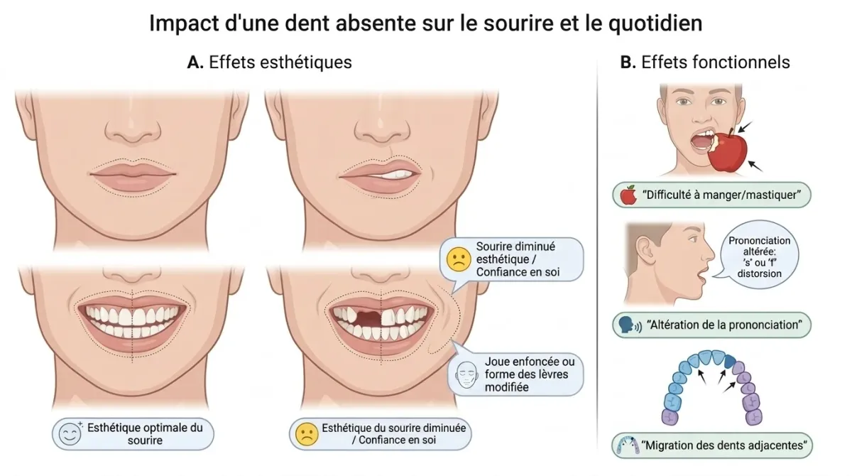 Schéma des effets esthétiques et fonctionnels d'une dent absente sur le sourire, la mastication et la prononciation