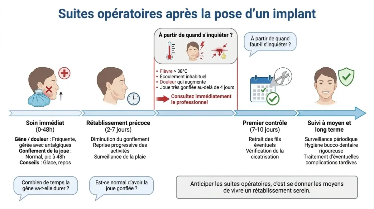 Frise des suites operatoires apres la pose d'un implant dentaire, du soin immediat au suivi a long terme