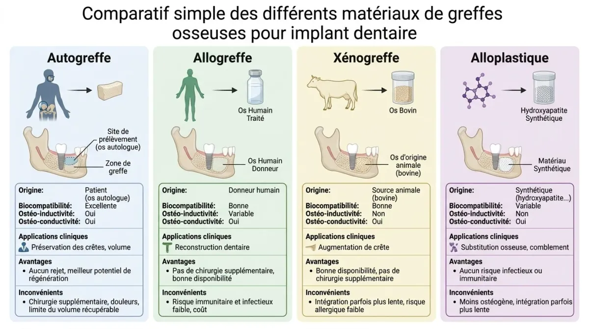 Infographie comparant les matériaux de greffe osseuse : autogreffe, allogreffe, xénogreffe et alloplastique