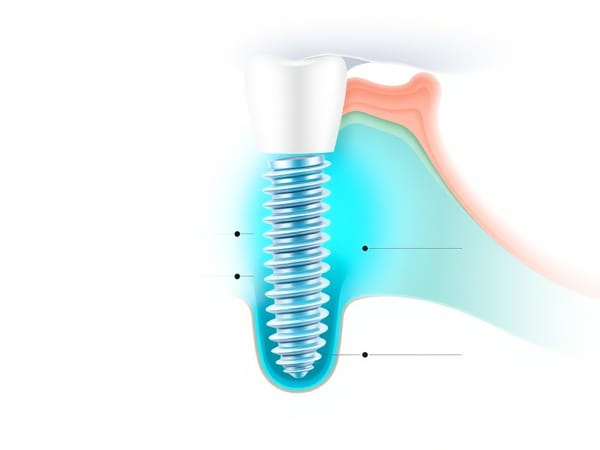 Schéma des phases d'ostéointégration d'un implant dentaire dans l'os alvéolaire de la mâchoire