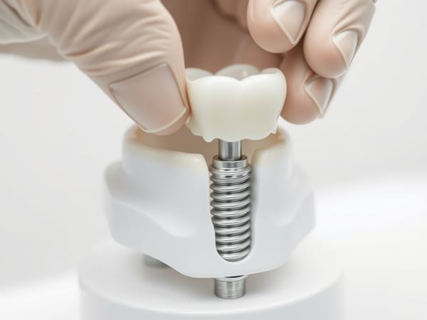 Chirurgien-dentiste posant une couronne céramique sur l'abutment d'un implant dentaire dans la mâchoire