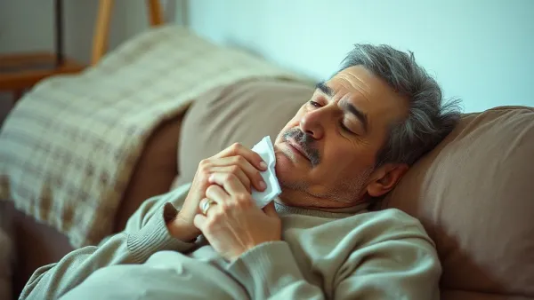 Personne au repos à domicile appliquant une poche de froid sur la joue après une greffe osseuse