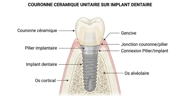 Schéma anatomique d'une couronne céramique unitaire sur implant dentaire avec pilier, gencive et os alvéolaire