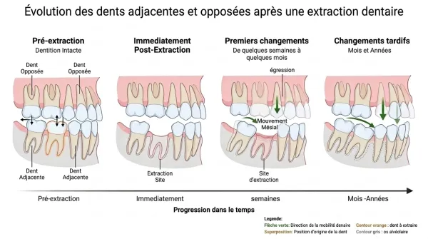 Schéma en quatre étapes montrant l'évolution des dents adjacentes et opposées après une extraction dentaire