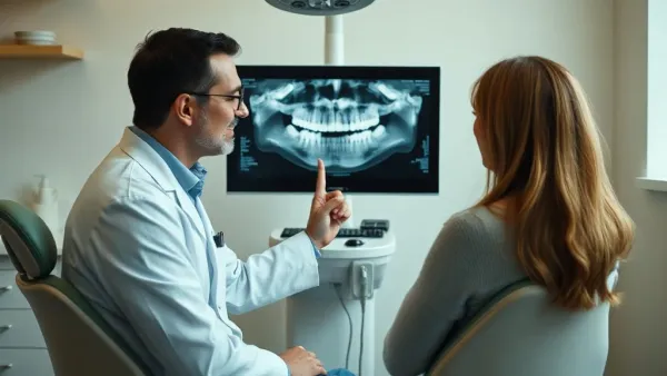 Dentiste expliquant une radiographie panoramique sur écran à une patiente lors d'une consultation