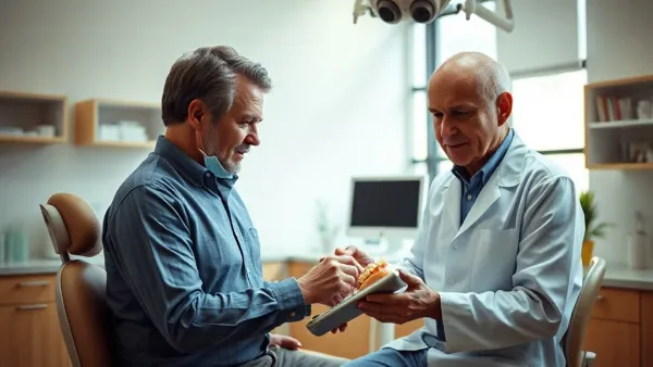 Praticien expliquant la pose d'un implant a un patient attentif a l'aide d'un modele dentaire
