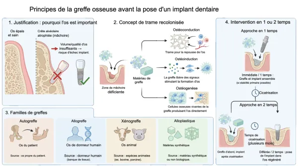 Infographie des principes de la greffe osseuse avant implant dentaire : justification, familles de greffes et procédures