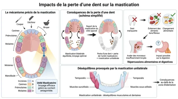 Schéma des impacts de la perte d'une dent sur la mastication : mécanisme, mastication unilatérale et déséquilibres musculaires