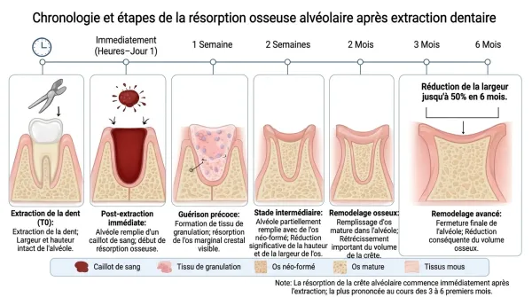 Chronologie en sept étapes de la résorption osseuse alvéolaire après une extraction dentaire, de l'extraction à six mois