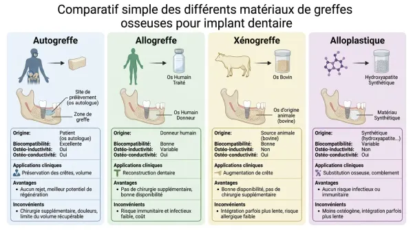 Infographie comparant les matériaux de greffe osseuse : autogreffe, allogreffe, xénogreffe et alloplastique